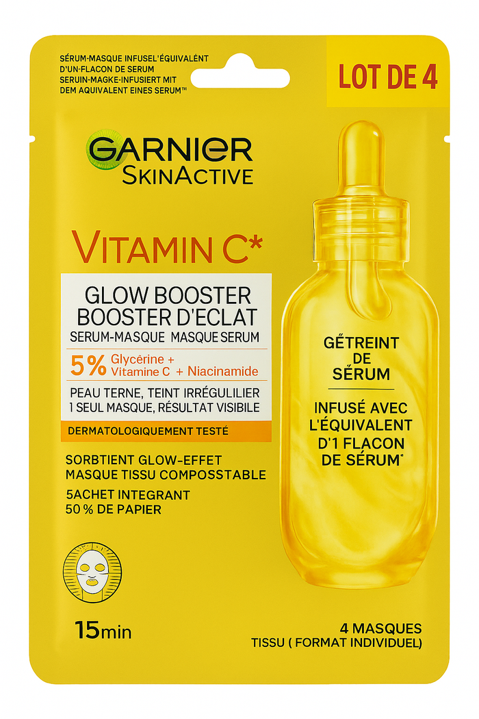 🟡 Garnier SkinActive – Glow Booster Booster d’Éclat (Lot de 4 masques)